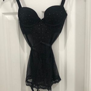 Black lace and mesh teddy with rhinestones 32B